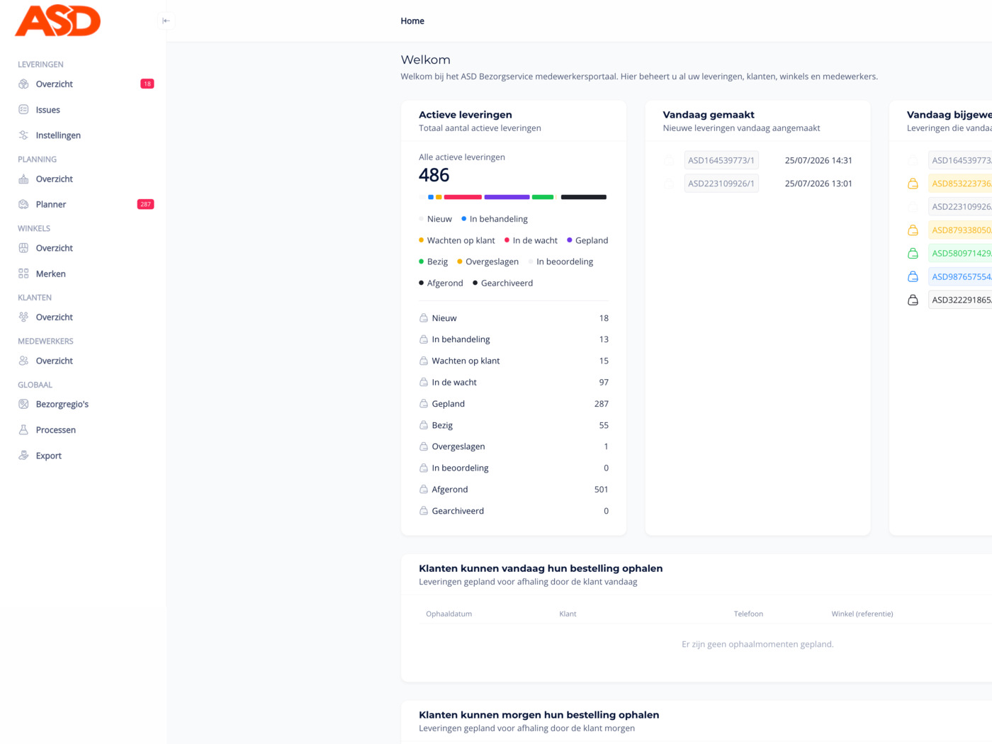 Screenshot of the ASD Bezorgservice logistics platform
